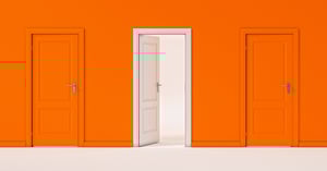 orange wall with two closed door and one open door